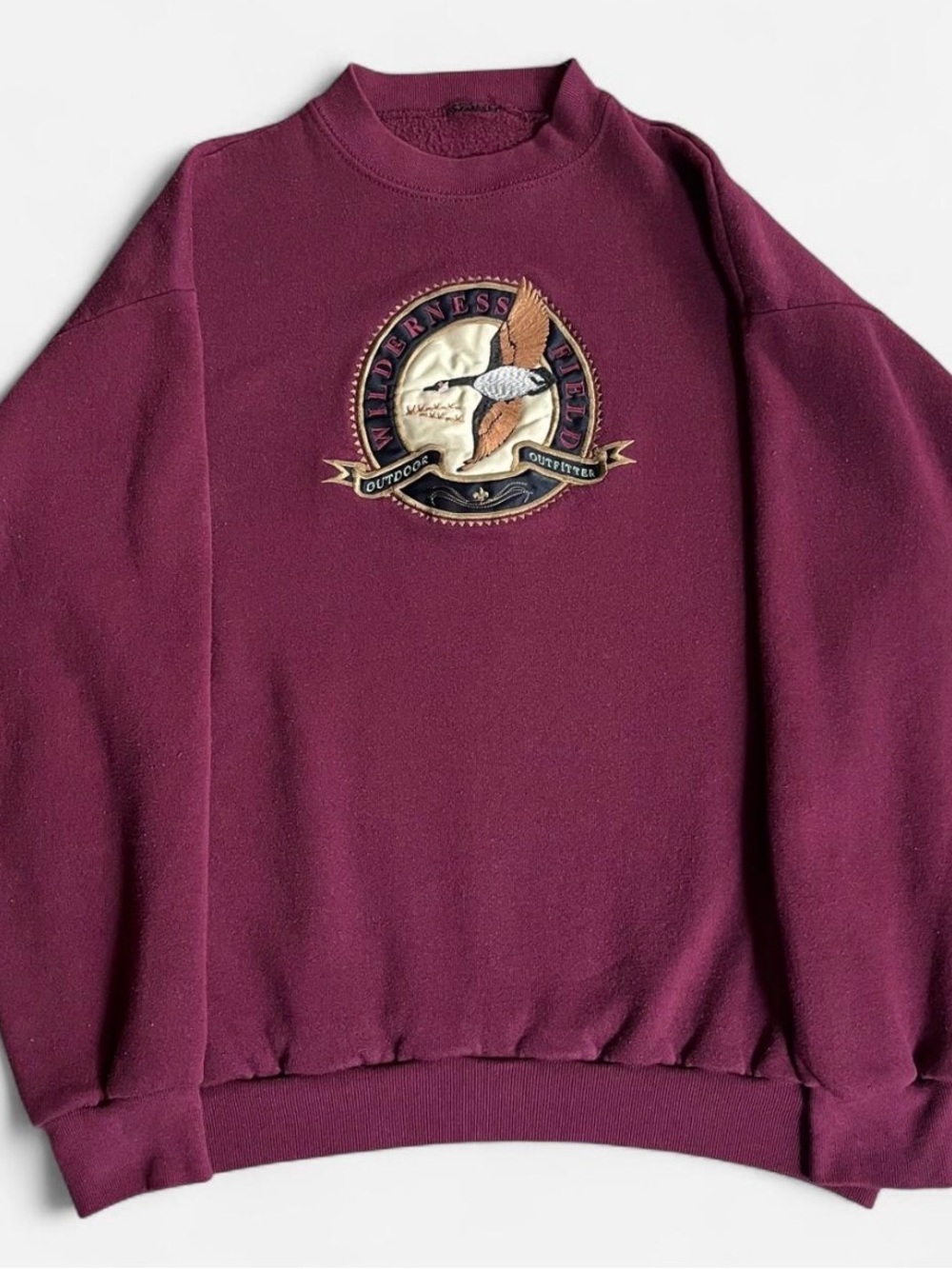 Vintage Men's Burgundy Crewneck Sweatshirt with Embroidered Wilderness Crest